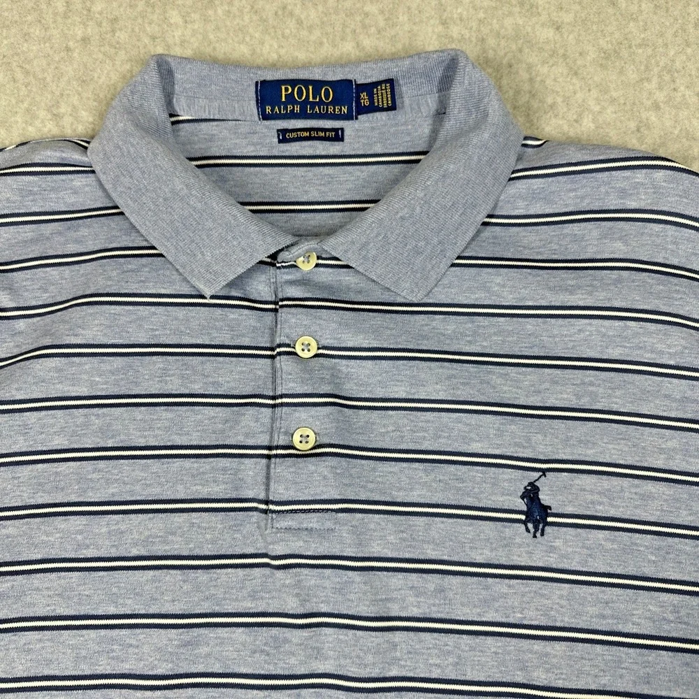 Polo Ralph Lauren Men's Custom Slim‎ Fit Polo Blue White Stripes Size XL Stretch